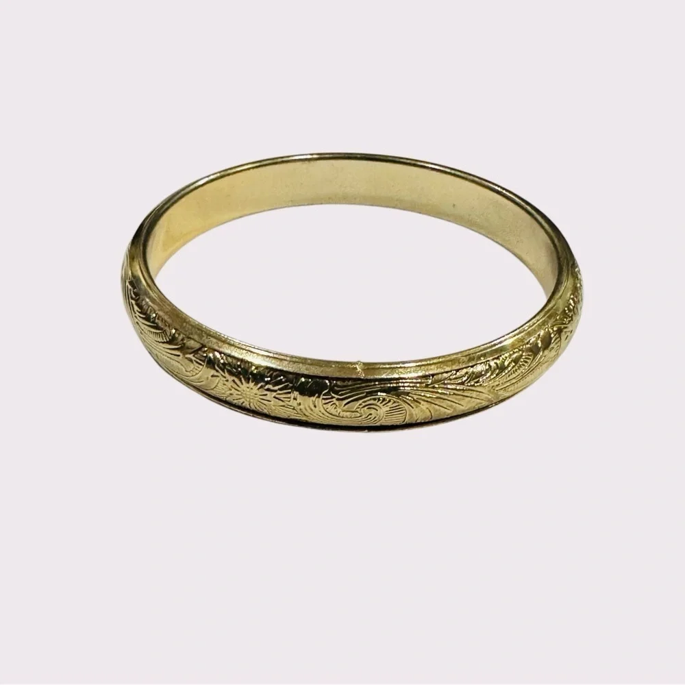 Vintage Gold-Tone Engraved Bangle Bracelet | Floral Etched | Costume Jewelry